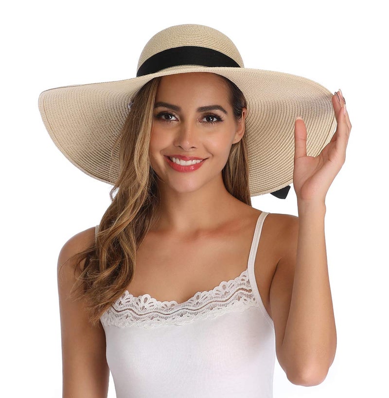 Lanzom Womens Wide Brim Straw Hat Big Floppy Foldable Roll up Cap Beach Sun Hat UPF 50+(Bowknot-Beige) - Image 5